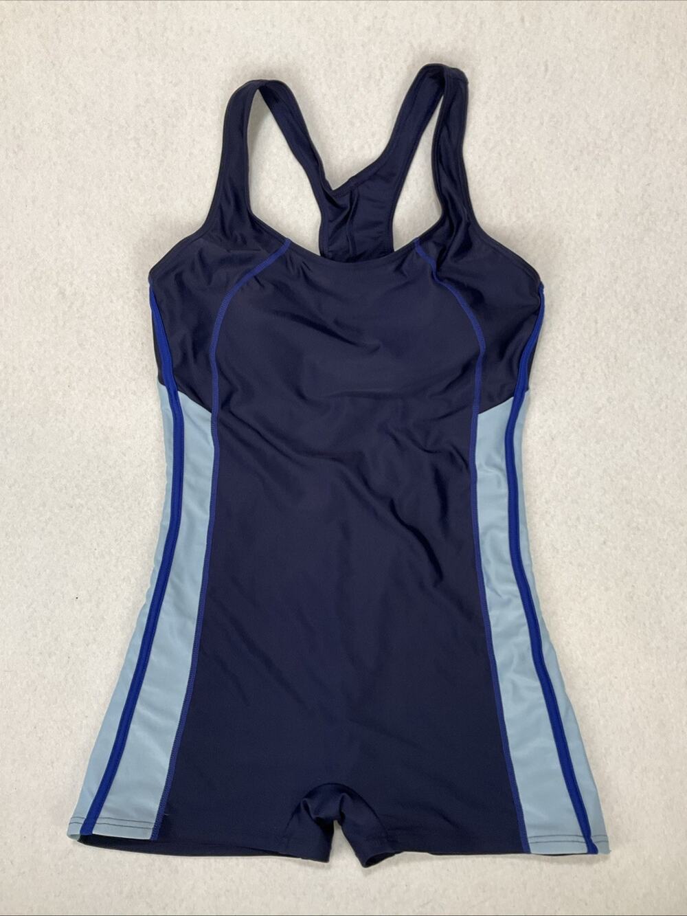 One Piece Blue Full Coverage Swim Suit Built In Bra Cups Shorts Racerback Sz M